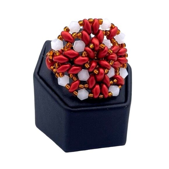 Velvet Red with Bronze and Opal White Crystal Beaded Statement Ring Size 9 - Picture 8 of 8